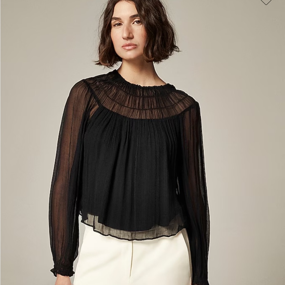 J. Crew Black Sheer Blouse - Drapey Shirred Top in Crinkle Cupro